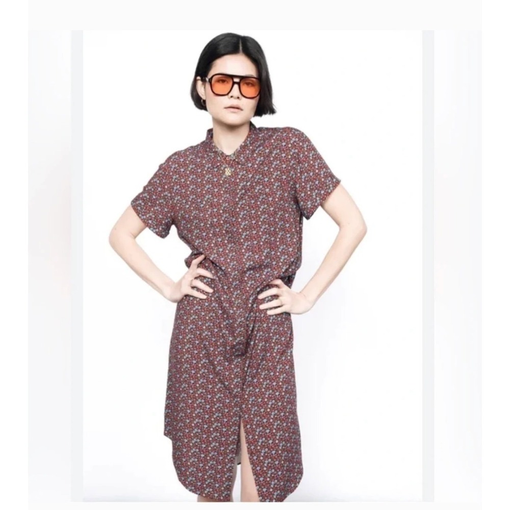 Wildfang Red Floral The Empower Short Sleeve Dress Small Button Down Rayon Mini